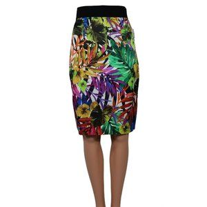 Milly NWT Knee Length Skirt Tropical Floral Black Green Blue Purple 0